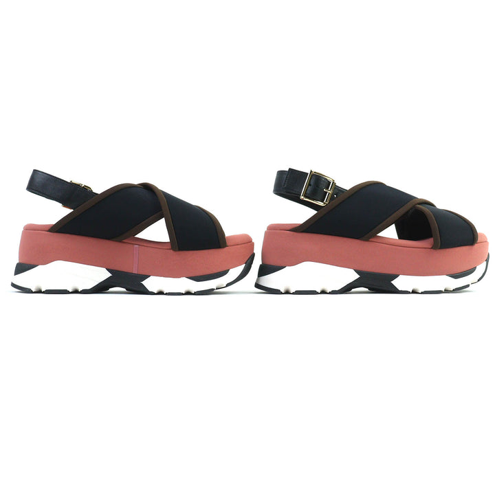 極美品△MARNI マルニ SAMA002708 レザー使い クロスストラップ 厚底 サンダル ブラック ピンク 37 保存袋付き イタリア製 レディース
