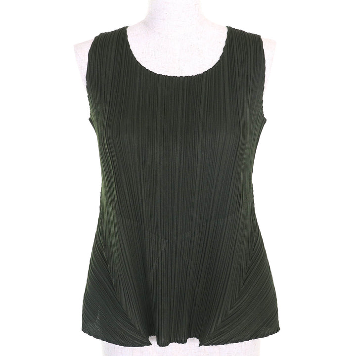 美品△PLEATS PLEASE プリーツプリーズ イッセイミヤケ PP51-JK141 ノースリーブ カットソー トップス カーキ 3 正規品 レディース