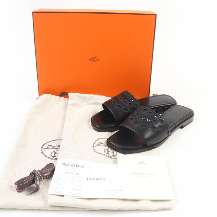 未使用品☆HERMES エルメス ガエル シェーヌダンクル レザー フラットシューズ サンダル ブラック 36.5 箱・保存袋付 伊製 レディース