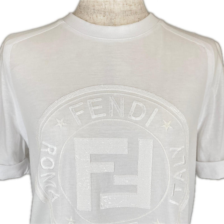 美品▲FENDI フェンディ FS7111 ズッカ柄 ロゴ入り バックフリンジデザイン 半袖Ｔシャツ ホワイト XXS 日本Sサイズ相当 正規品