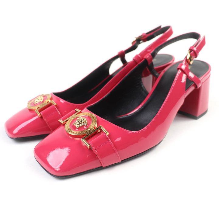 未使用品★VERSACE ヴェルサーチ メデューサ 　バックストラップ スクエアトゥ チャンキーヒール パテントレザー パンプス36 保存袋付