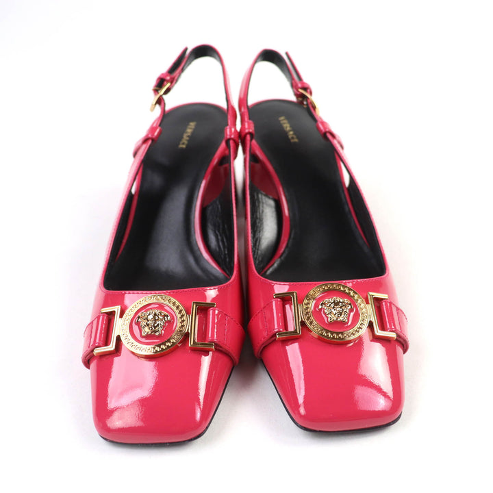 未使用品★VERSACE ヴェルサーチ メデューサ 　バックストラップ スクエアトゥ チャンキーヒール パテントレザー パンプス36 保存袋付