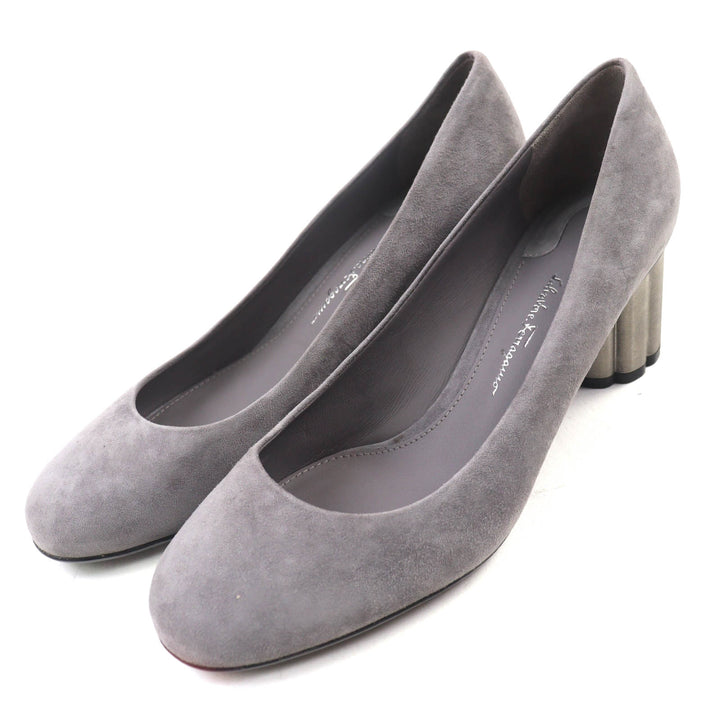 極美品◇Salvatore Ferragamo サルヴァトーレフェラガモ 07366 ラウンドトゥ フラワーヒール スウェードレザー パンプス グレー 7 伊製