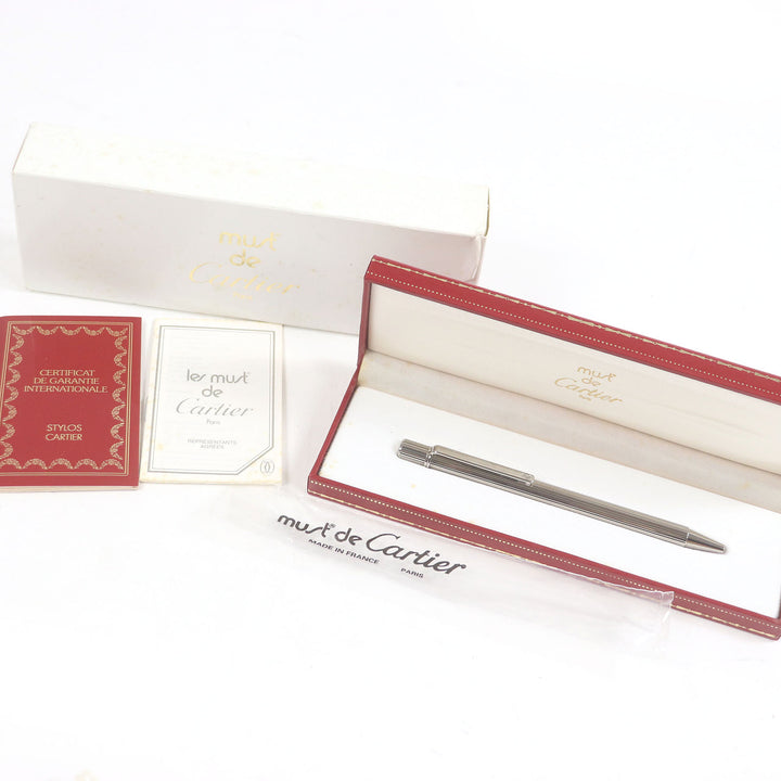 未使用品□Cartier カルティエ マスト ドゥ カルティエ デッドストック ストライプ柄 ツイスト式 ボールペン シルバー フランス製 メンズ