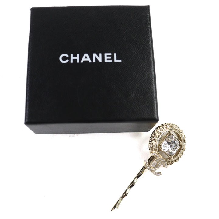 極美品△CHANEL シャネル 22C ココマーク ラインストーン ビジュー ヘアピン ヘアアクセサリー ゴールド 箱付き フランス製　レディース