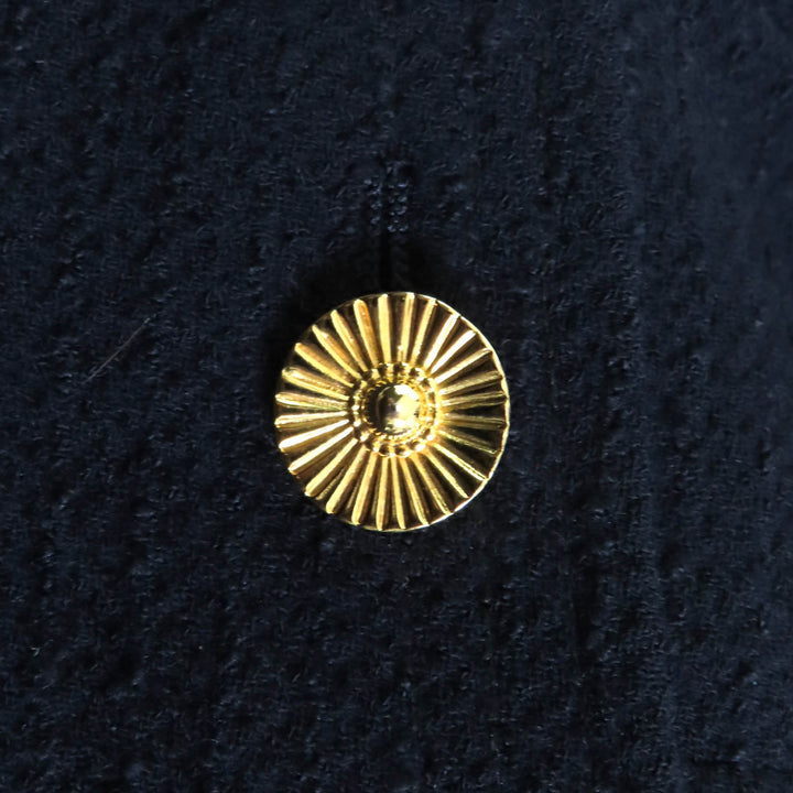 極美品★シャネルブティック ヴィンテージ 90年代 金ボタン付 ノーカラー フロントオープン ツイードジャケット＋スカート スーツ 紺 36
