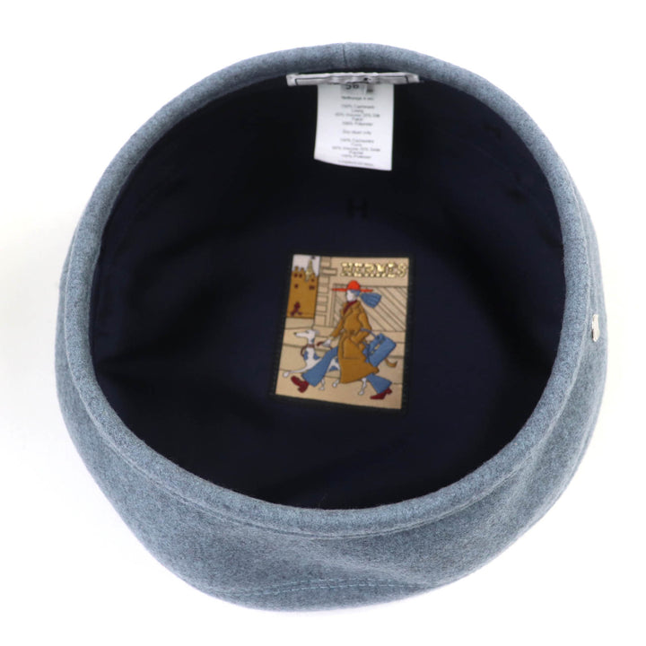極美品☆HERMES エルメス サントノーレ カシミヤ100％ セリエ金具 裏地H柄 帽子 ベレー帽 ブルーグレー系 58 伊製 正規品 レディース
