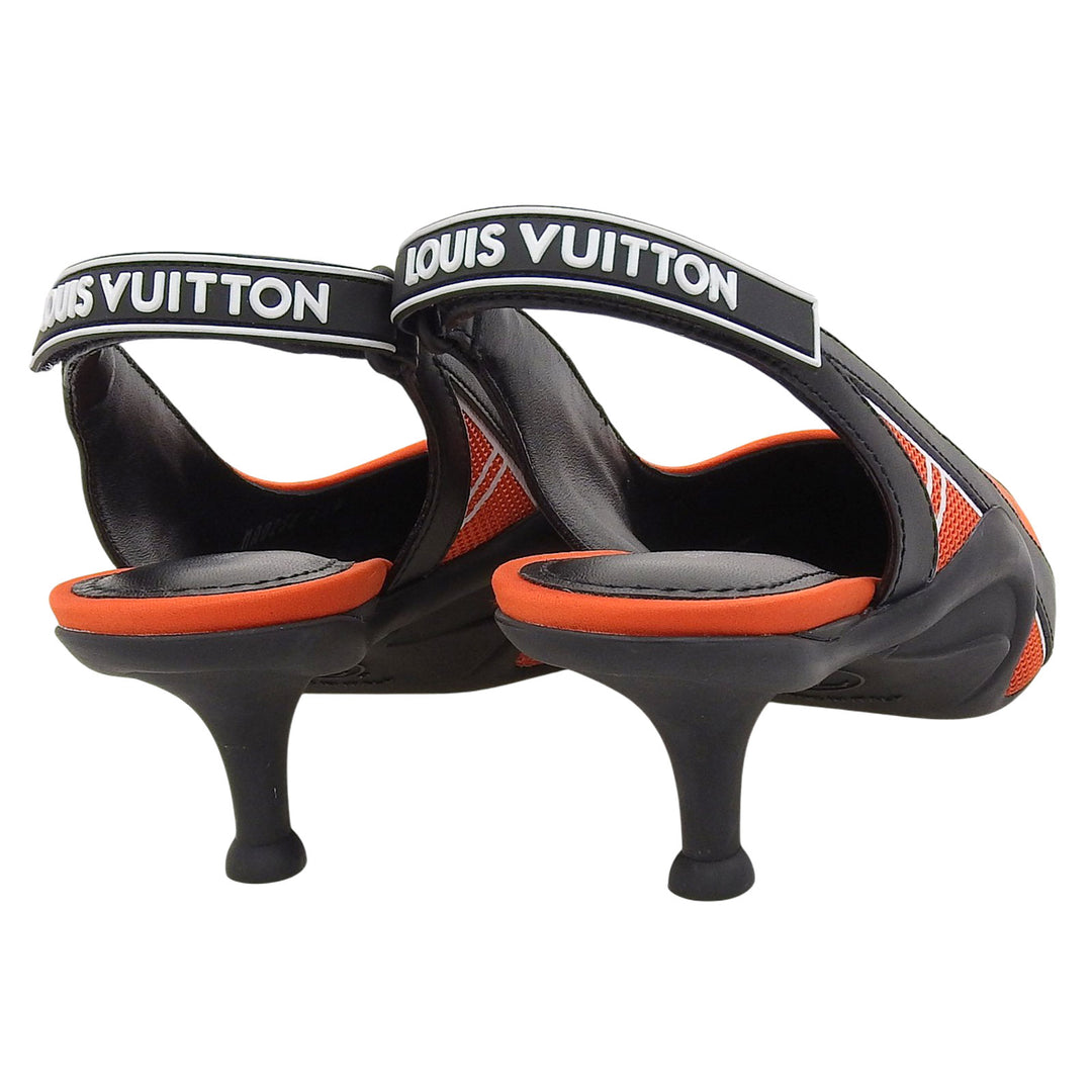 極美品▲LOUIS VUITTON ルイヴィトン アークライトライン サテン ラバーロゴ バックストラップ パンプス オレンジ ブラック 35.5 伊製