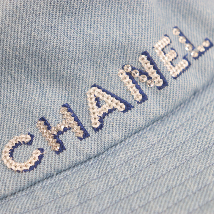 極美品▼CHANEL シャネル 22P コットン100% スパンコールロゴ デニム 帽子 バケットハット アイスブルー M 正規品 　レディース