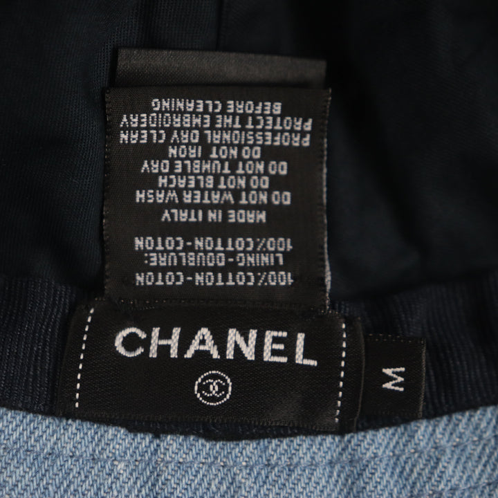 極美品▼CHANEL シャネル 22P コットン100% スパンコールロゴ デニム 帽子 バケットハット アイスブルー M 正規品 　レディース