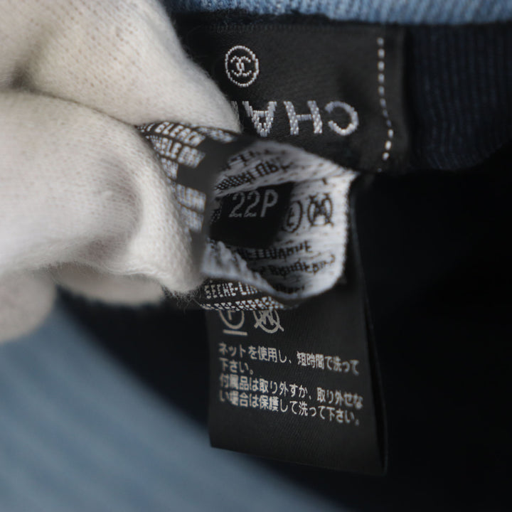 極美品▼CHANEL シャネル 22P コットン100% スパンコールロゴ デニム 帽子 バケットハット アイスブルー M 正規品 　レディース
