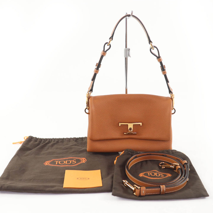 美品☆TOD’S トッズ XBWTSQC0100T5ZS410 Tタイムレス フラップ バッグ ミニ レザー ショルダーバッグ ブラウン レディース 定価355300円