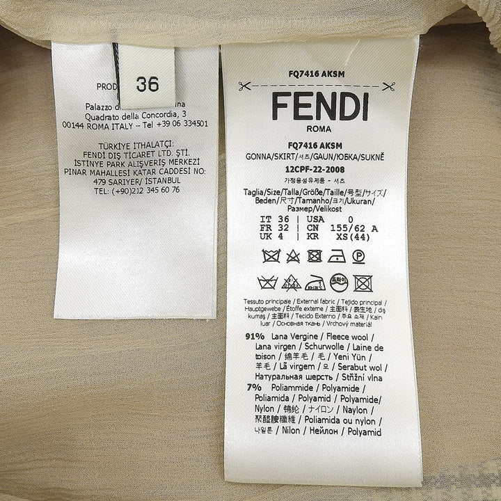 極美品▲FENDI フェンディ 22年製 FQ7416 千鳥格子 シフォン使い ウールスカート ベージュ ブラウン 36 イタリア製 正規品 レディース