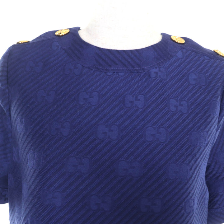 極美品★GUCCI グッチ 610872 シルク混 GG柄 イカリボタン付 バックデザイン 半袖 ワンピース ネイビー 36 イタリア製 正規品 レディース
