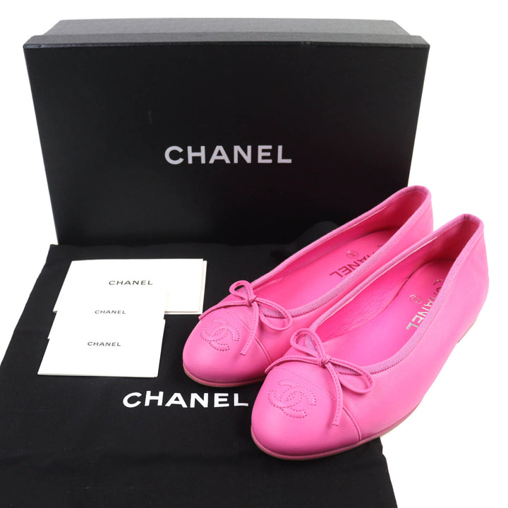 美品△CHANEL シャネル G02819 バレリーナ ココマーク リボン レザー フラット シューズ パンプス ピンク 35.5 保存袋付き イタリア製