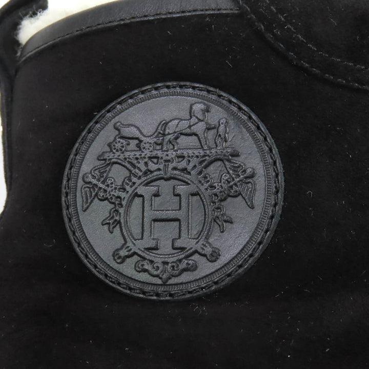 美品★HERMES エルメス JIMMY ジミー レザーロゴパッチ付 レザー使い ムートン スウェードレザー ハイカットスニーカー 黒　 35.5 袋付