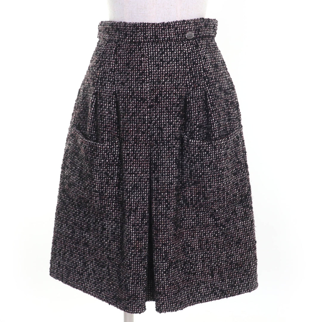 美品☆CHANEL シャネル P44259V32628 ウール アンゴラ ココマーク金具 ツイードスカート ブラック系 36 フランス製 正規品 レディース