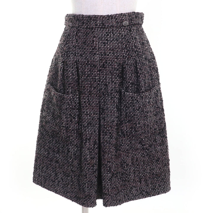美品☆CHANEL シャネル P44259V32628 ウール アンゴラ ココマーク金具 ツイードスカート ブラック系 36 フランス製 正規品 レディース