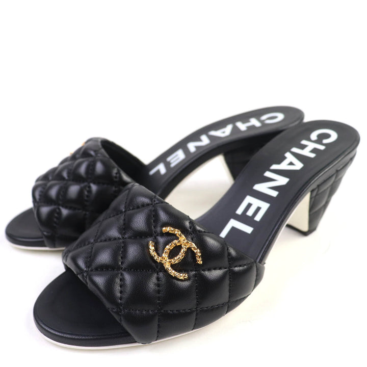 極美品☆CHANEL シャネル G38820 マトラッセ ラムスキン サンダル ミュール ブラック ゴールド金具 36 イタリア製 レディース