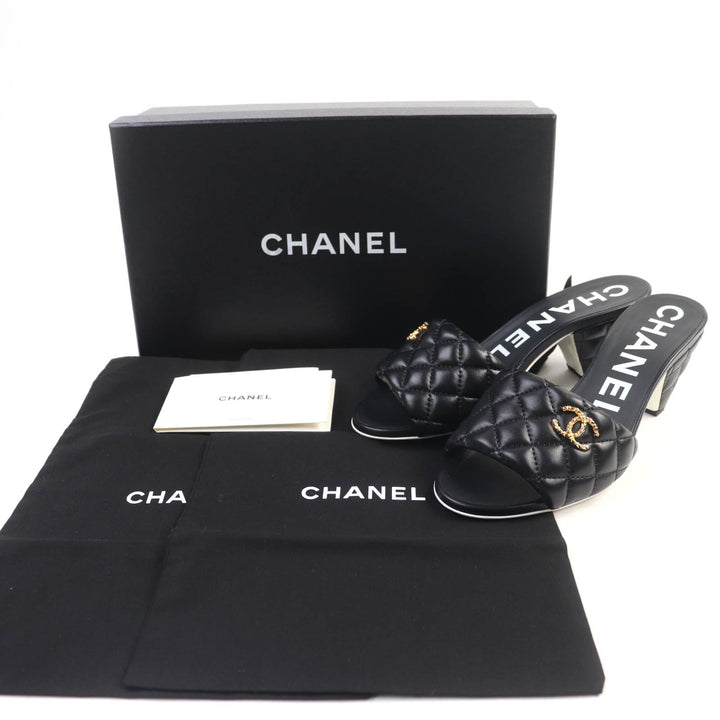 極美品☆CHANEL シャネル G38820 マトラッセ ラムスキン サンダル ミュール ブラック ゴールド金具 36 イタリア製 レディース