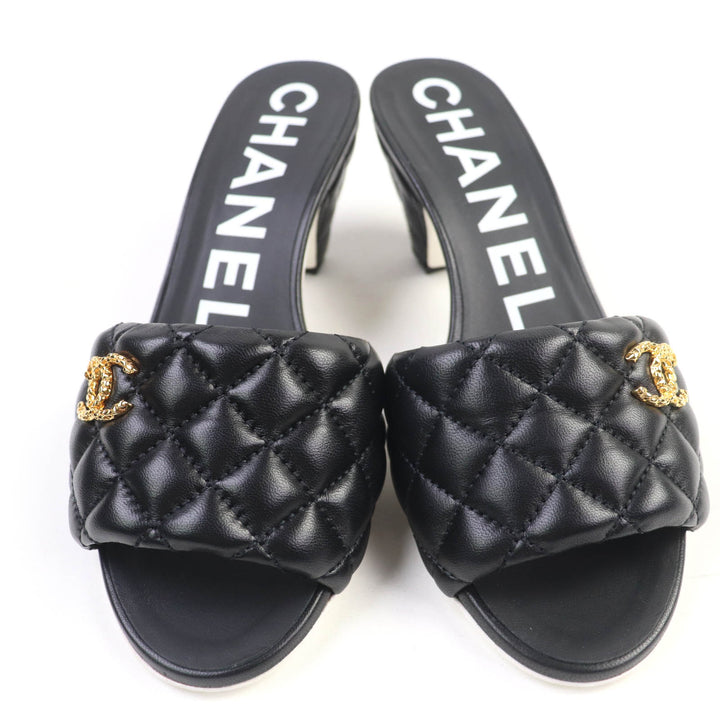 極美品☆CHANEL シャネル G38820 マトラッセ ラムスキン サンダル ミュール ブラック ゴールド金具 36 イタリア製 レディース