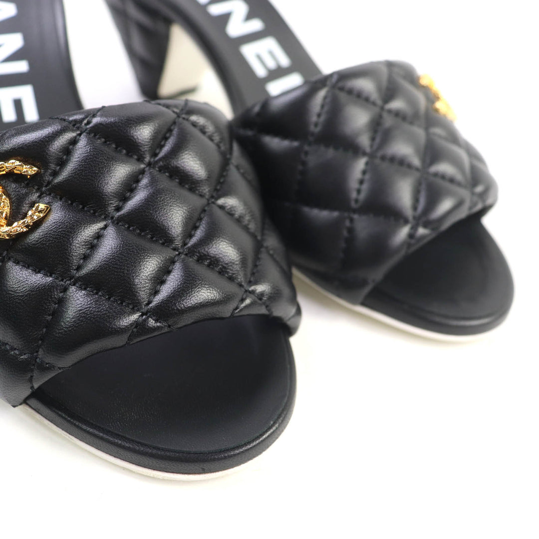 極美品☆CHANEL シャネル G38820 マトラッセ ラムスキン サンダル ミュール ブラック ゴールド金具 36 イタリア製 レディース