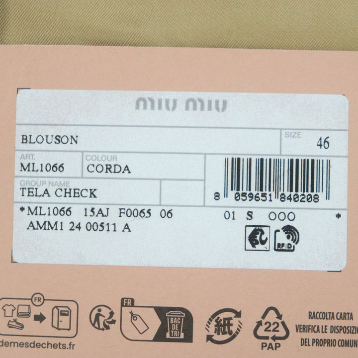 未使用品▼Miu Miu ミュウ ミュウ 25SS ML1066 チェックキャンバス ロゴワッペン ZIPUP ジャケット ブルゾン ブラウン 46 正規品 メンズ