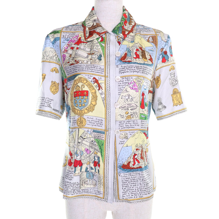 極美品★HERMES エルメス ヴィンテージ モンサンミッシェル MONT SAINCT MICHEL シルク100％ 総柄 半袖シャツ マルチ 38 仏製 レディース