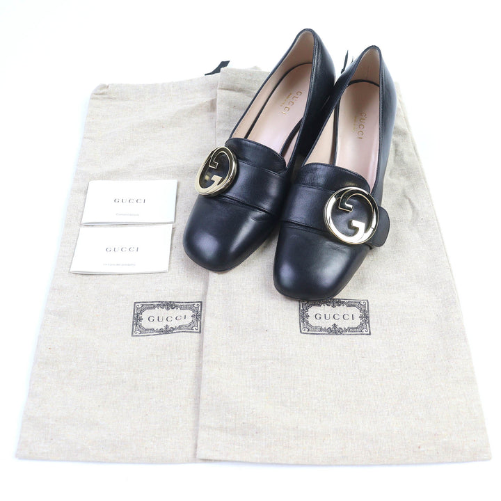 美品◇GUCCI グッチ 700053 レザー インターロッキングG ミッドヒール パンプス 黒 ゴールド金具 36.5 保存袋付き イタリア製 レディース
