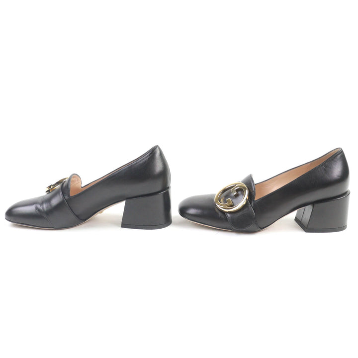 美品◇GUCCI グッチ 700053 レザー インターロッキングG ミッドヒール パンプス 黒 ゴールド金具 36.5 保存袋付き イタリア製 レディース