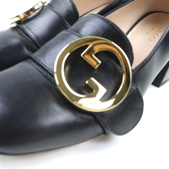 美品◇GUCCI グッチ 700053 レザー インターロッキングG ミッドヒール パンプス 黒 ゴールド金具 36.5 保存袋付き イタリア製 レディース