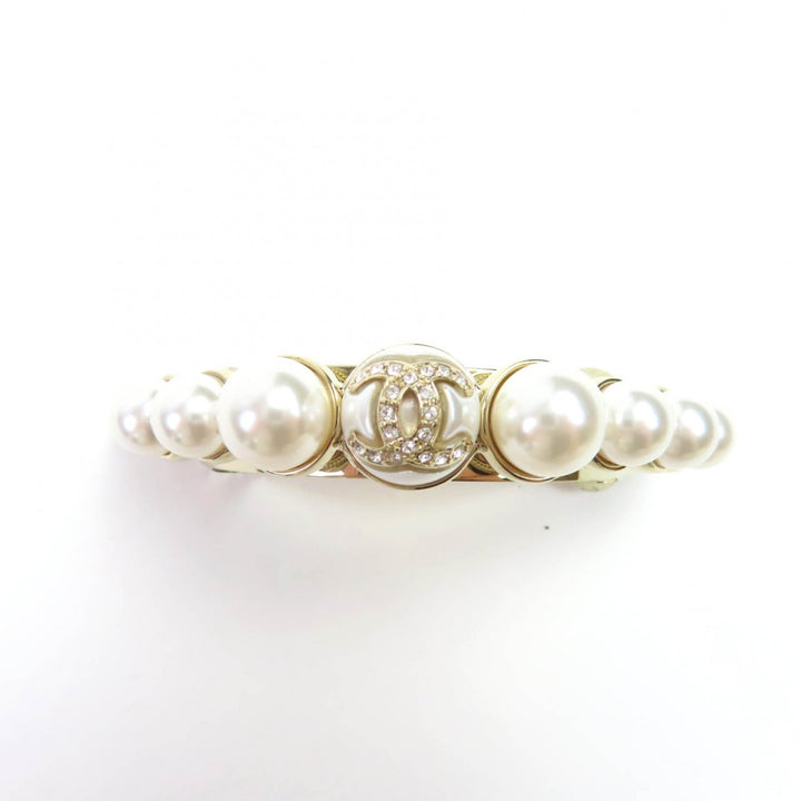 極美品◇CHANEL シャネル I22S ココマークストーン付き フェイクパール ヘアアクセサリー バレッタ ゴールド金具 箱付 フランス製