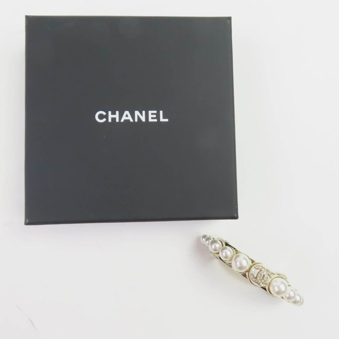 極美品◇CHANEL シャネル I22S ココマークストーン付き フェイクパール ヘアアクセサリー バレッタ ゴールド金具 箱付 フランス製