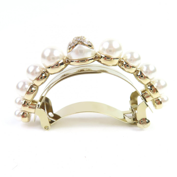 極美品◇CHANEL シャネル I22S ココマークストーン付き フェイクパール ヘアアクセサリー バレッタ ゴールド金具 箱付 フランス製