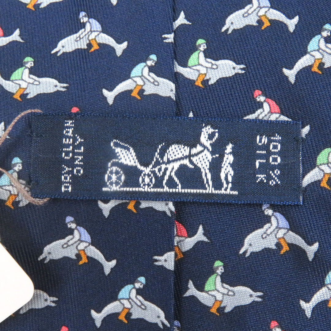 未使用品□HERMES エルメス 5241 SA シルク100％ イルカ 総柄 ワイドタイ ネクタイ マリン フランス製 メンズ ビジネスオススメ◎