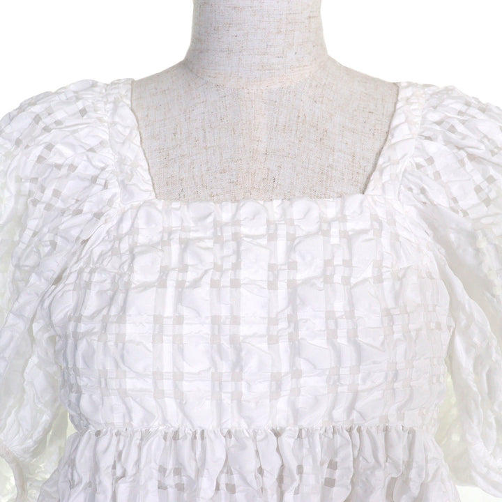 美品△CECILIE BAHNSEN セシリーバンセン J05DL0103 VEGTA BLOUSE 格子柄 パフスリーブ フレア ブラウス ホワイト UK6 日本約Sサイズ相当