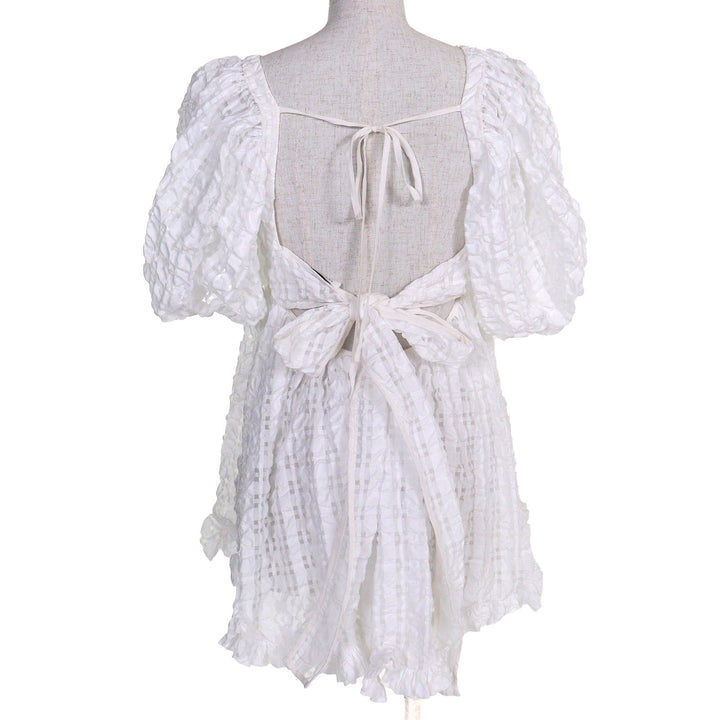 美品△CECILIE BAHNSEN セシリーバンセン J05DL0103 VEGTA BLOUSE 格子柄 パフスリーブ フレア ブラウス ホワイト UK6 日本約Sサイズ相当