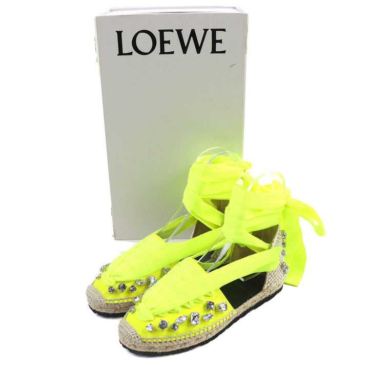 未使用品△LOEWE ロエベ ビジュー付き エスパドリーユ レースアップ サンダル ネオンイエロー 36 レディース オススメ◎
