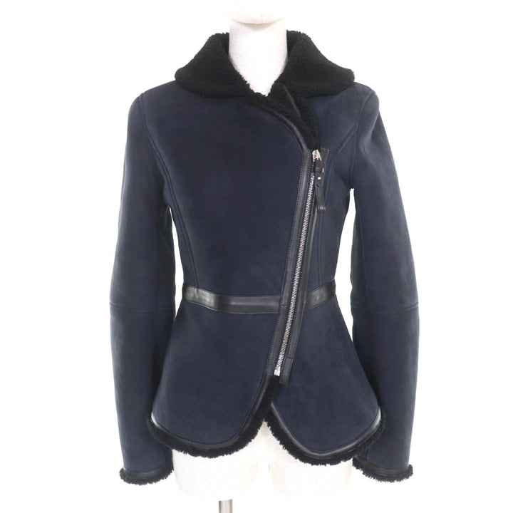 美品★HERMES エルメス 22AW リアルラムファー ZIP UP ムートン ジャケット ネイビー ブラック 34 ガーメント付 伊製 正規品 レディース
