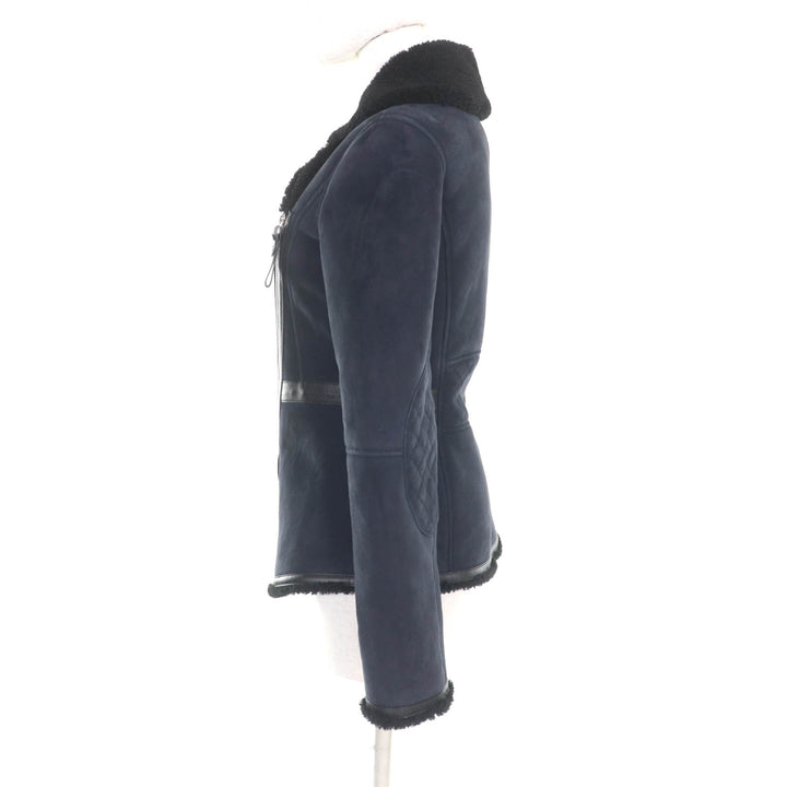 美品★HERMES エルメス 22AW リアルラムファー ZIP UP ムートン ジャケット ネイビー ブラック 34 ガーメント付 伊製 正規品 レディース