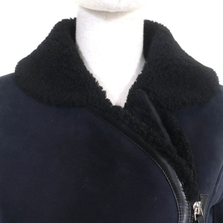 美品★HERMES エルメス 22AW リアルラムファー ZIP UP ムートン ジャケット ネイビー ブラック 34 ガーメント付 伊製 正規品 レディース