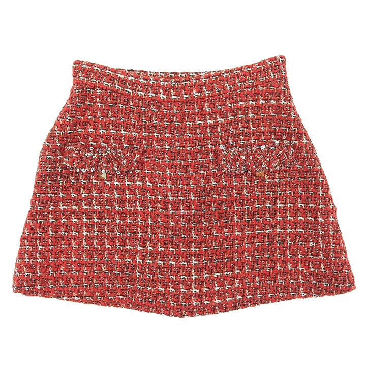 極美品◇VALENTINO ヴァレンティノ VB3RA769677 ウール スパンコール・ロックスタッズ付き ツイード スカート ショートパンツ 赤 38 伊製