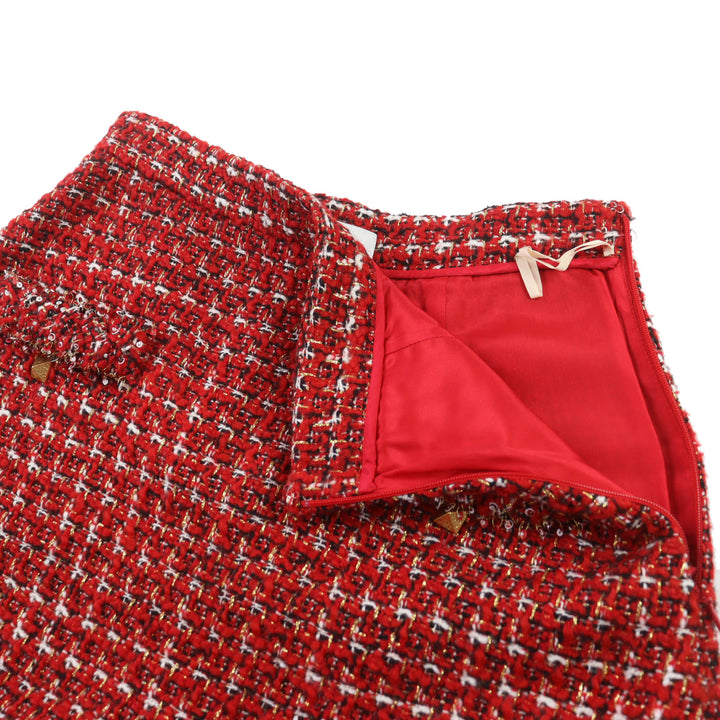 極美品◇VALENTINO ヴァレンティノ VB3RA769677 ウール スパンコール・ロックスタッズ付き ツイード スカート ショートパンツ 赤 38 伊製