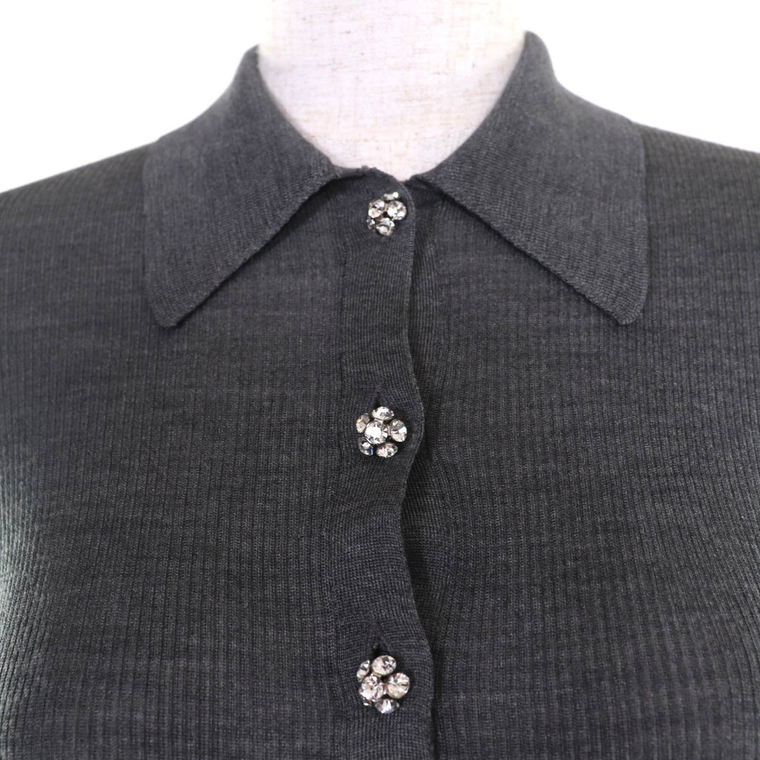 極美品☆PRADA プラダ 2021年製 P24I1L シルク100％ ラインストーン ニット 半袖 ポロシャツ トップス グレー 38 伊製 正規品 レディース
