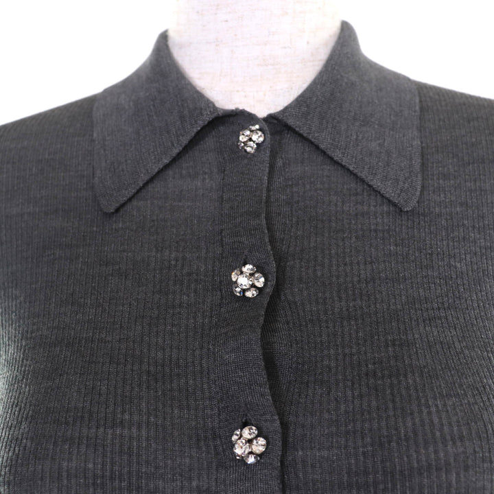 極美品☆PRADA プラダ 2021年製 P24I1L シルク100％ ラインストーン ニット 半袖 ポロシャツ トップス グレー 38 伊製 正規品 レディース