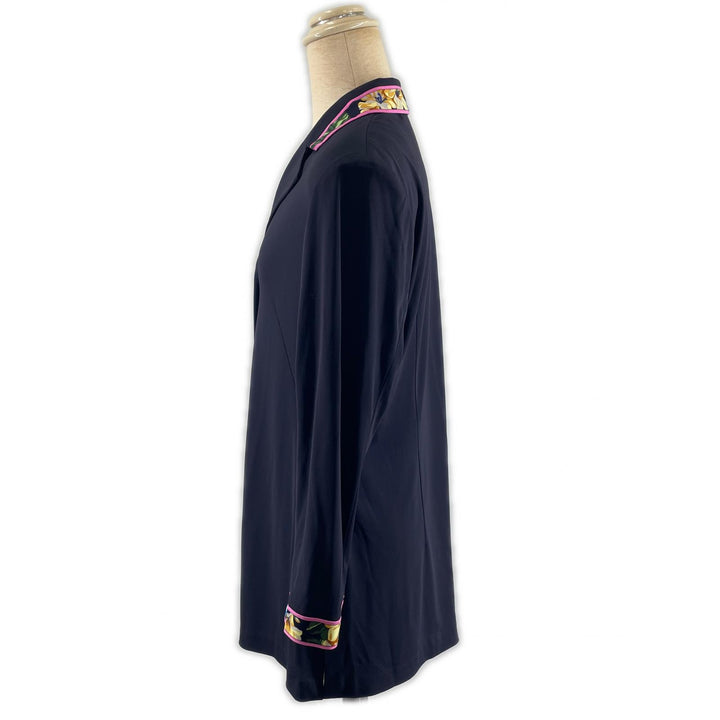 美品▲LEONARD FASHION レオナール ファッション 181550 花柄 ロゴボタン付き シャツ ジャケット ネイビー LL 日本製 正規品 レディース