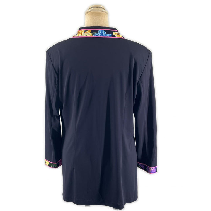 美品▲LEONARD FASHION レオナール ファッション 181550 花柄 ロゴボタン付き シャツ ジャケット ネイビー LL 日本製 正規品 レディース