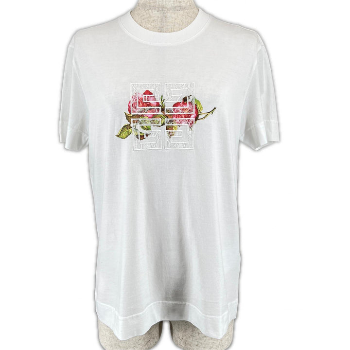 極美品▲GIVENCHY ジバンシィ BW70AS3YP7 コットン100％ クルーネック フローラル ロゴ刺繍 半袖Ｔシャツ ホワイト S 正規品 レディース