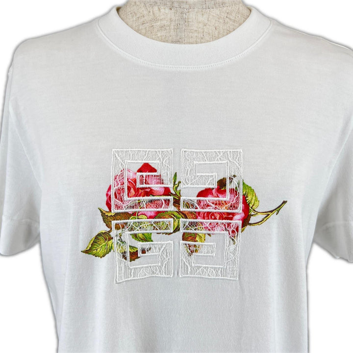 極美品▲GIVENCHY ジバンシィ BW70AS3YP7 コットン100％ クルーネック フローラル ロゴ刺繍 半袖Ｔシャツ ホワイト S 正規品 レディース