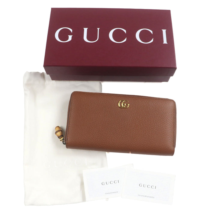 未使用品▼GUCCI グッチ 739499 バンブー GGマーモント ラウンドファスナー レザーウォレット 長財布 ブラウン ゴールド金具 箱付 メンズ